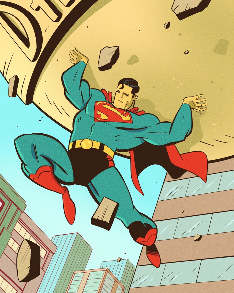 K&ouml;nnte beinhalten: Illustration von Superman in einer klassischen Pose, der ein gro&szlig;es Objekt mit dem Wort "DET" hebt. Der Superheld ist in seinem ikonischen blauen und roten Anzug mit rotem Umhang dargestellt. Der Hintergrund zeigt eine Stadtlandschaft mit Geb&auml;uden und blauem Himmel.