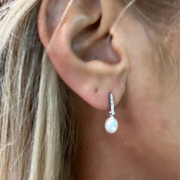 Pearl and Diamond Earrings in 14k / Cultured Pearl Drop Earrings/ Bridal Earrings/ Pearl Earrings / Drop Pearl Earrings