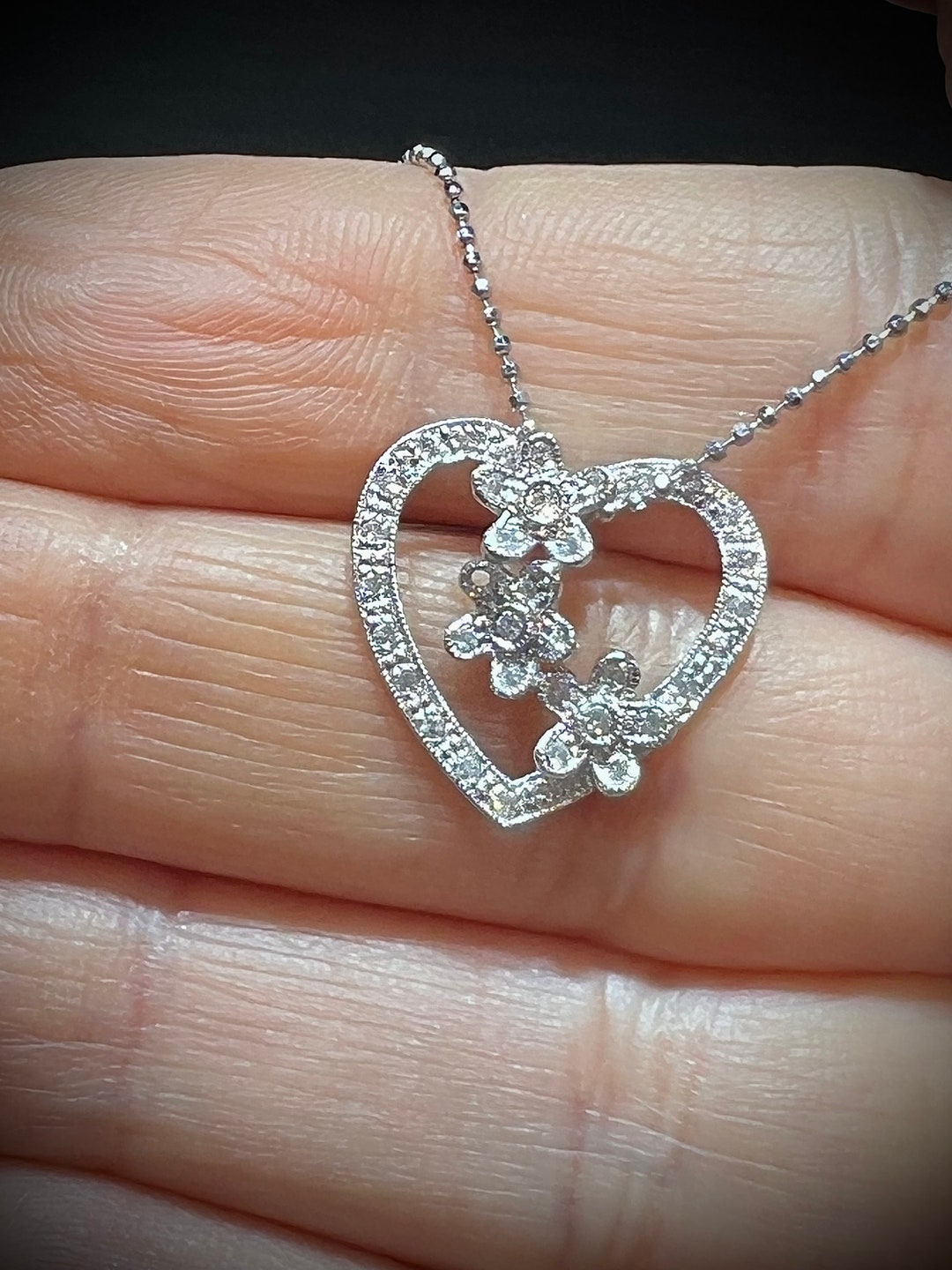 14K Diamond Flower Heart Necklace / Diamond Heart Necklace / 14K White