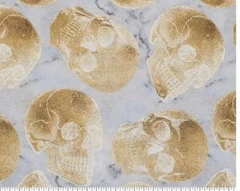 Halloween Tossed Gold Metallic Skulls - 100% Cotton