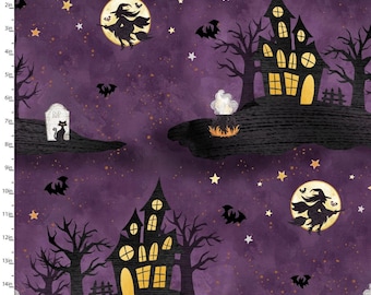 Boo Y’all Fabric – 3 Wishes Haunted House 100% Cotton Halloween Quilting & Sewing Material