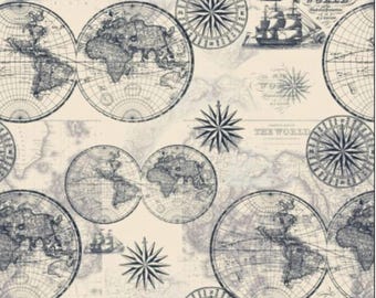 Ocean Maps Cotton Fabric - Cream Nautical Chart Print