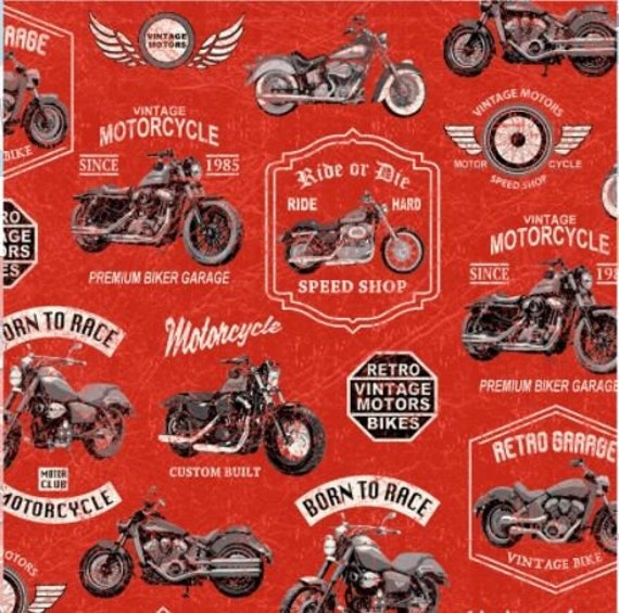 Red Vintage Motorcycle Cotton Fabric | Etsy