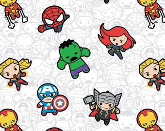 Kawaii Marvel II Action Packed Heroes White Cotton Fabric