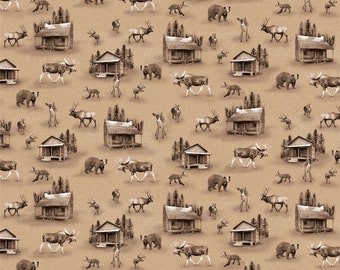 Henry Glass Woodland Whispers Cabins and Animals Cotton Fabric