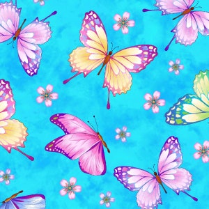 Henry Glass Gossamer Gardens Butterflies on Blue-100% Cotton Fabric