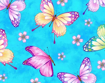 Henry Glass Gossamer Gardens Butterflies on Blue-100% Cotton Fabric