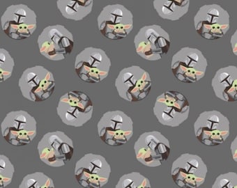 Star Wars Grey Mandalorian & Baby Yoda Toss 100% Cotton Fabric