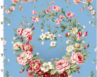 American Beauty Wreath of Roses - Blue 100% Cotton Fabric