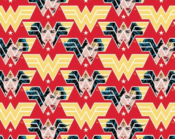 Featured listing image: Red Wonder Woman Logo Faces 100% Cotton Quilting & Sewing Fabric by Camelot
