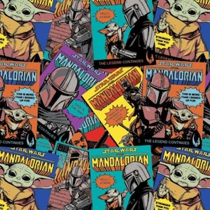 May include: A collage of comic book covers featuring characters from the Star Wars: The Mandalorian series. The covers are in a variety of colors, including yellow, blue, red, and green. The covers feature images of the Mandalorian, Grogu, and other characters from the show. The text on the covers includes the title of the show, "Star Wars: The Mandalorian", and the phrase "The Legend Continues".