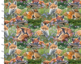3 Wishes Mountain Sunrise Sleepy Foxes Green 100% Premium Cotton Fabric