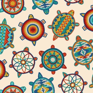 Elizabeth&#39;s Studio Tucson Cream Beaded Turtles 100% Cotton Fabric