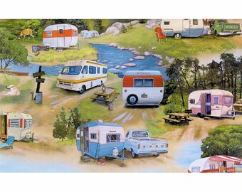 Vintage Trailer - Green 100% Cotton Fabric