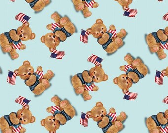 Henry Glass Teddy's America Tossed Teddy Blue-100% Cotton Fabric