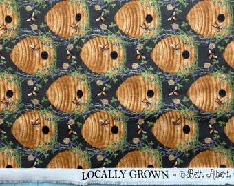 Bee Hives Cotton Fabric: Locally Grown Charcoal Print