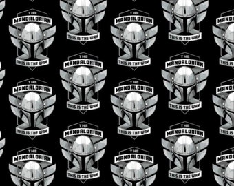 Star Wars Black Mandalorian Helmet Badge 100% Cotton Quilting & Sewing Fabric by Camelot