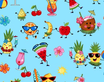 Happy Hour Cotton Fabric: Tropical Drinks & Fruits Print