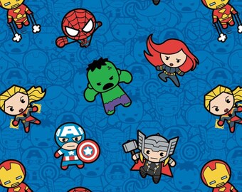 Kawaii Marvel II Action Packed Heroes Blue Cotton Fabric