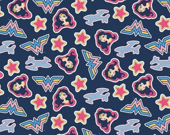 Young DC Wonder Woman Jr Tossed Stickers 100% Cotton Quilting & Sewing Fabric by Camelot