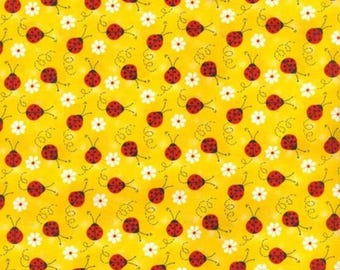 Ladybug with Daisy Yellow 100% Cotton Quilting & Sewing Fabric by Fabric Traditions