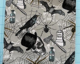 Halloween Icons Fabric - Gold Metallic Spiders