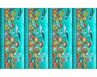 Calypso II Border Teal 100% Cotton Fabric