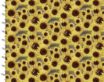 3 Wishes Locally Grown Sunflower Field Yellow 100% Premium Cotton Fabric