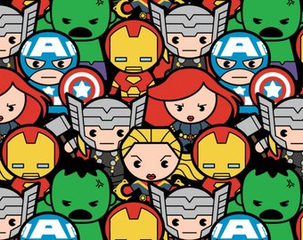 Kawaii Marvel Hero Stack 100% Cotton Quilting & Sewing Fabric by Camelot