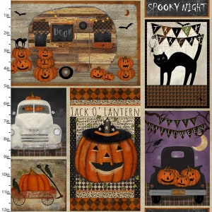 May include: A digital collage of Halloween themed images. The images include a vintage camper, a black cat, a jack-o-lantern, a truck with pumpkins, and a sign that says "Happy Halloween".