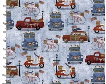 3 Wishes Patriotic Summer Vehicles Blue 100% Cotton Quilting & Sewing Fabric