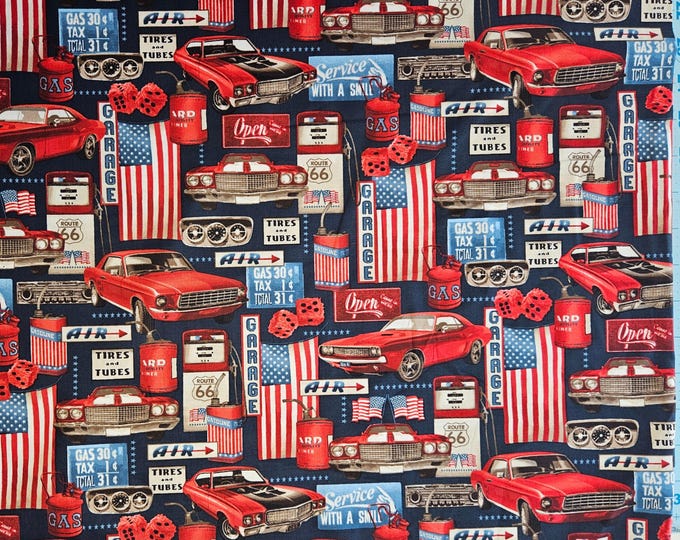 Featured listing image: Studio E American Muscle Patriotic Garage Collage 100% Cotton Fabric