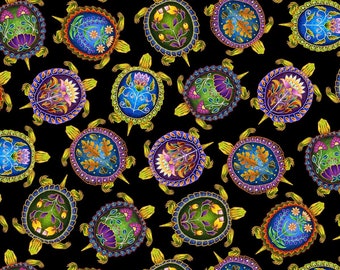 Indigenous Turtles Black Tossed Turtles 100% Cotton Fabric