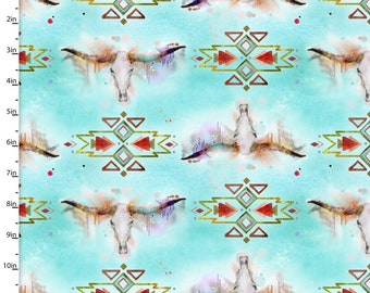 Longhorn Skulls Turquoise Cotton Fabric - Whimsical West Design