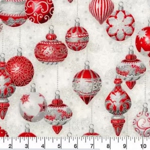 Red Christmas Ornaments with Silver Metallic -Cotton Fabric