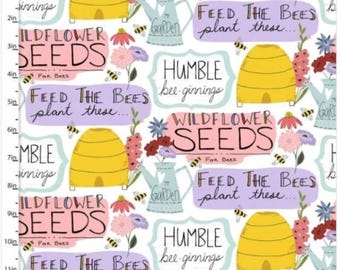 Feed the Bees Fabric – 3 Wishes White Garden Words 100% Cotton Quilting & Sewing Material