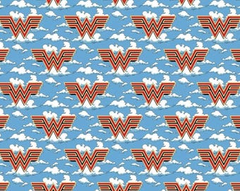 Blue Clouds Wonder Woman Logo 100% Cotton Quilting & Sewing Fabric