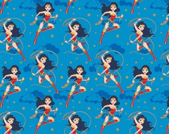 Wonder Woman Fabric: Glitter Blue Cotton, DC Justice League