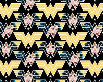 Black Wonder Woman Logo Faces 100% Cotton Quilting & Sewing Fabric by Camelot