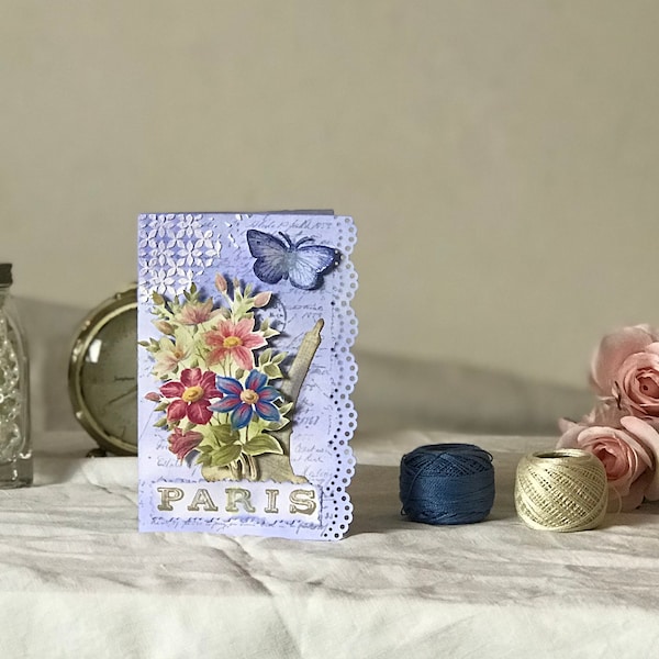 Un voyage à Paris - Billet de romance absolue, avec Tour Eiffel, papillon et fleurs - Fait à la main