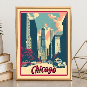 Cartaz vintage do centro de Chicago, Illinois