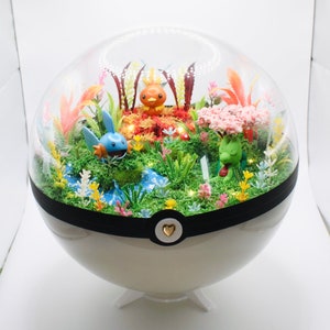 Peut inclure: Un dôme en verre transparent avec une bordure noire et une base blanche, contenant un paysage miniature avec trois figurines Pokémon. Les figurines sont un Squirtle bleu et blanc, un Charmander orange et jaune et un Bulbasaur vert. Le paysage est composé de mousse, de fleurs et de petits arbres. Le dôme est posé sur un socle blanc.