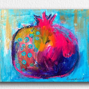 Pomegranate Art, Original Artwork, Red Acrylic Painting, Fruit Kitchen Painting, Contemporary Art, Still Life, Small Painting, Birthday Gift
