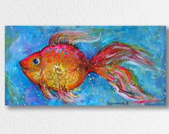 Goldfish Painting Wall decor Gift Contemporary Artwork Happy Fish art Underwater art Original Acrylic Painting on Canvas 7"x14.5"