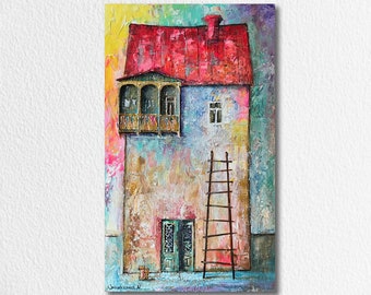 Urban Art Old Style Building House Picture Cityscape Acrylic Painting Original Artwork on Canvas Old Town Architecture Hand Painted ORIGINAL