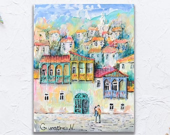 Small City Art, City Landscape Painting, City Wall Art, Original Modern Art of Old City Street Scene, Housewarming Gift, Hand-Painted