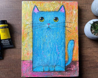 動物の猫の絵 キャンバスにアクリル絵の具 サイン入り / 動物の猫の