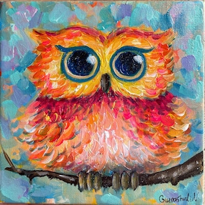 Owl Portrait Original Acrylic Painting on Canvas Pet Portrait Painting Cute Baby Owl Small Artwork Original Artwork Bird Illustration