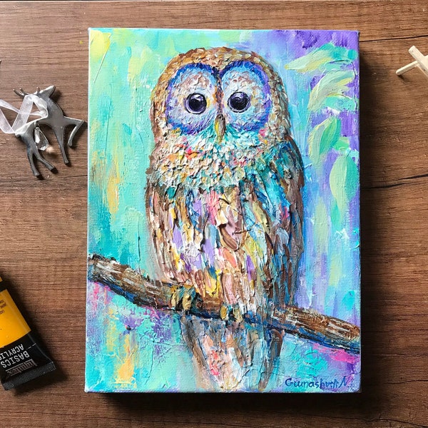 Owl Art, Owl Decor, Cute Owl Gift, Owl Canvas Wall Art, Original Acrylic Painting, Animal Art, Abstract Colorful Artwork, Folk Art Owl