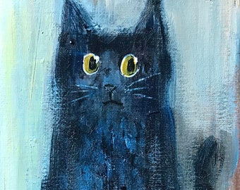 黒猫の絵画、猫アート、猫好きへのギフト、黒の抽象アート